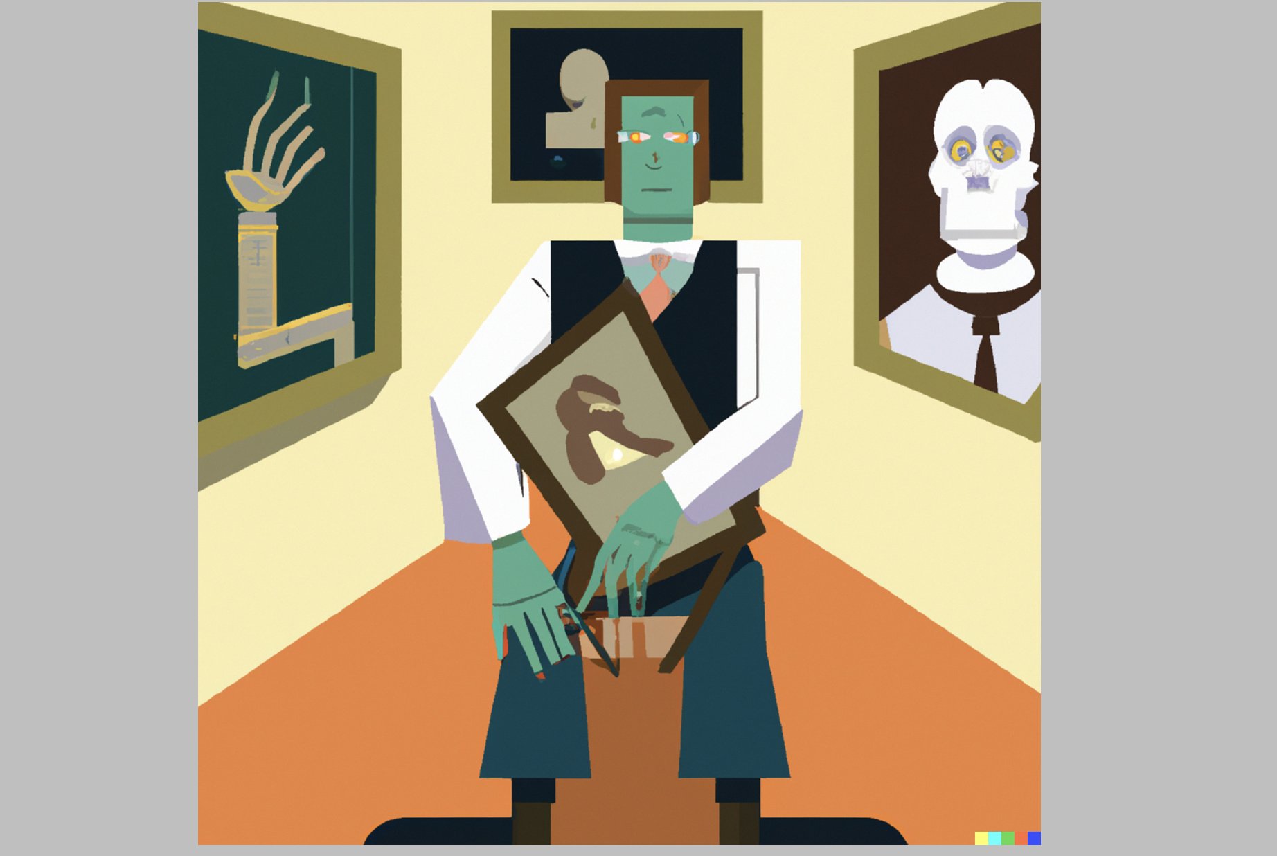 Image via Dall-E 2 from the prompt: “A Frankenstein style character inside of an art museum with framed paintings under one arm that he has stolen off the walls.” 
