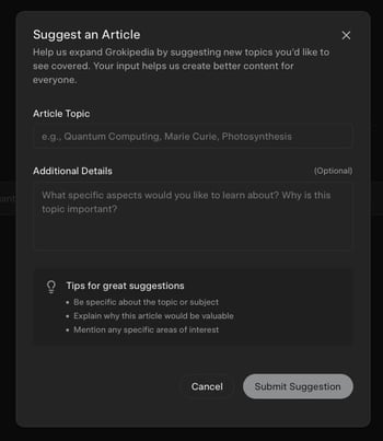 Grokipedia suggest article