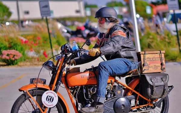 A rider pictured on a Harley-Davidson bike.