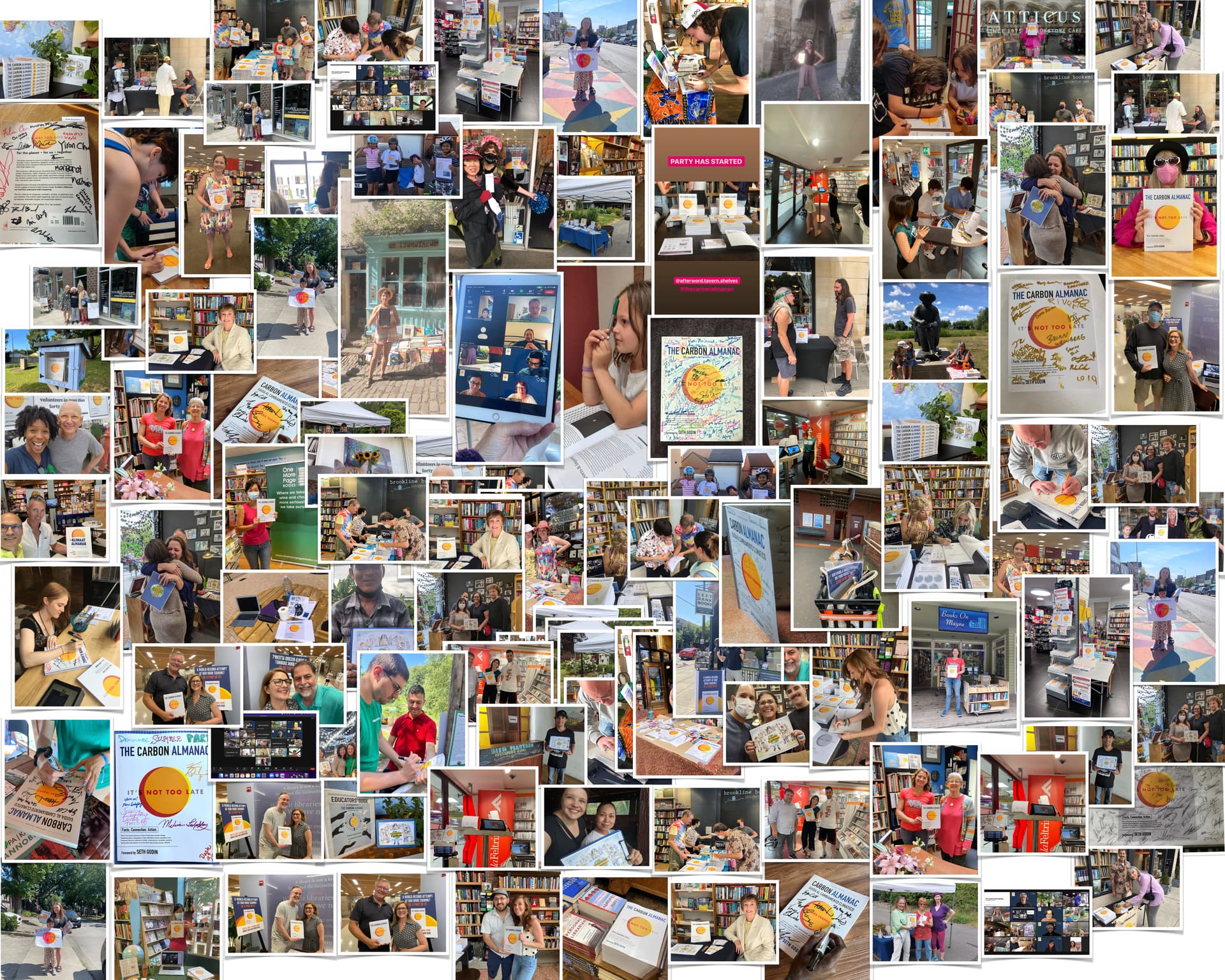 Montage of people signing The Carbon Almanc in 6 continents, setting the world record for most book signings