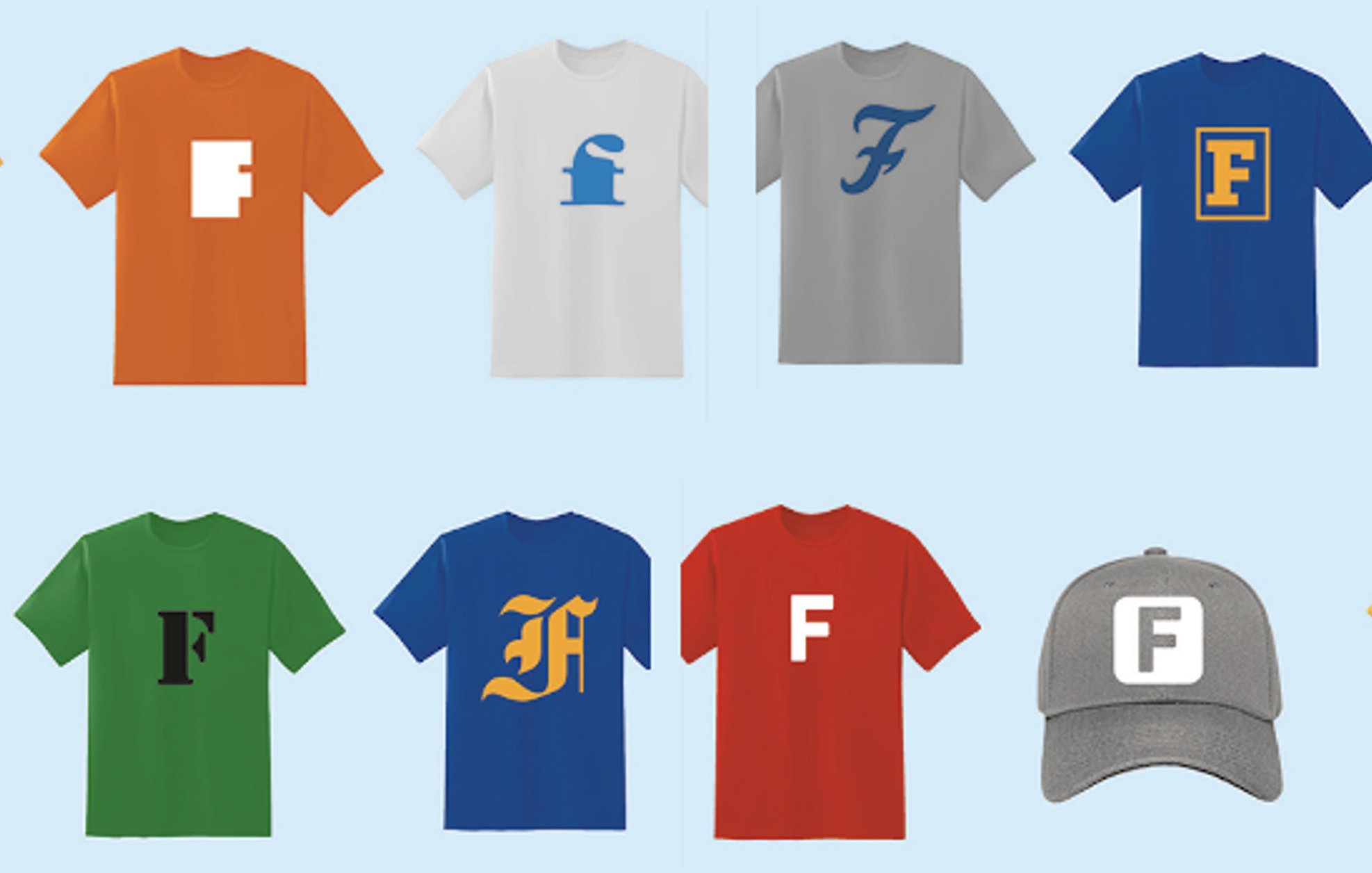 T-shirts and ball caps with letter F for fandom